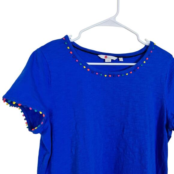 Boden Charlie Blue Multi Color Pom Pom Dress 12 Petite T-Shirt Colorful VGUC - Picture 2 of 7